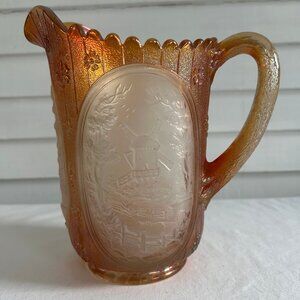 Vintage Marigold Carnival Glass Windmill Scene Pitcher Iridescent Orange